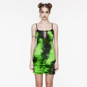 Women's Grunge Ruffled Tie-dyed Slip Dress Green