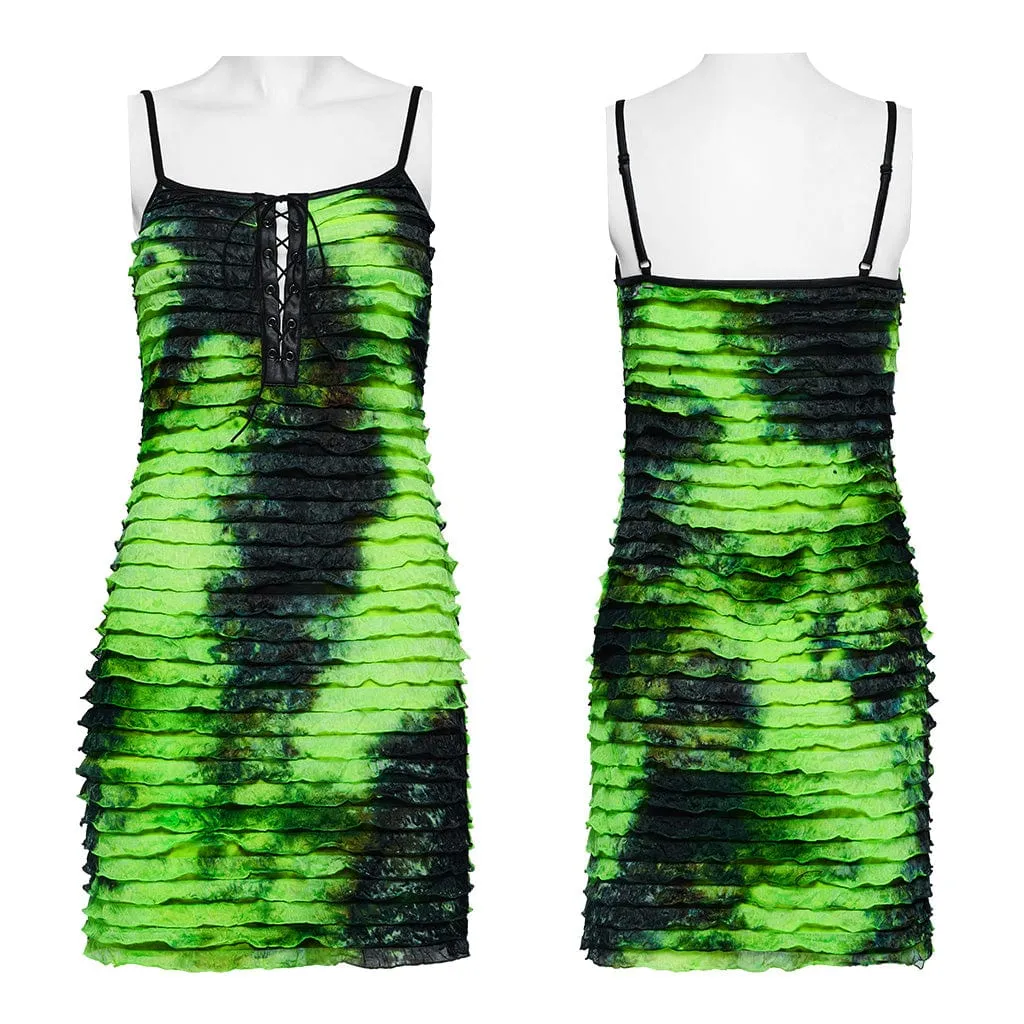 Women's Grunge Ruffled Tie-dyed Slip Dress Green