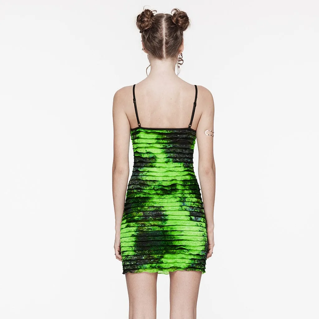 Women's Grunge Ruffled Tie-dyed Slip Dress Green