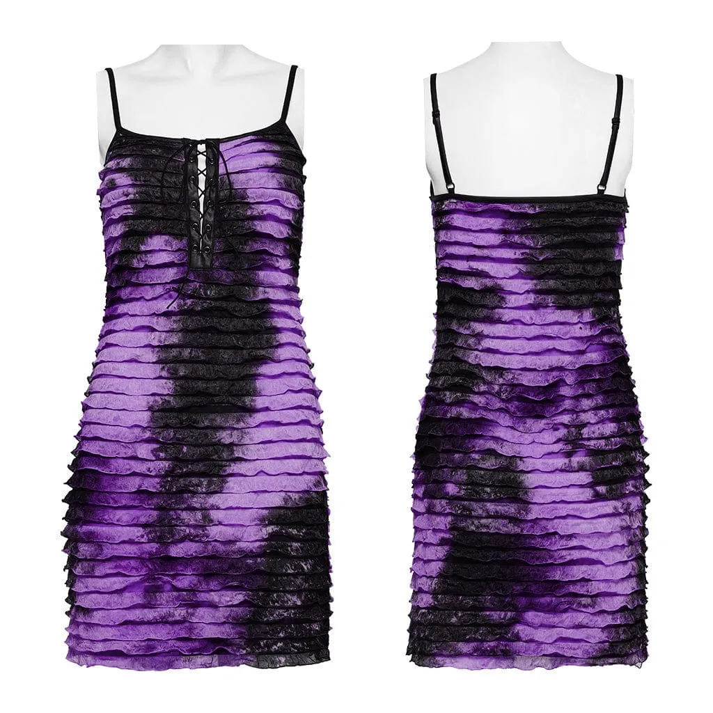 Women's Grunge Ruffled Tie-dyed Slip Dress Purple