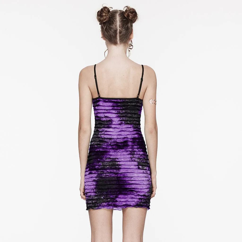 Women's Grunge Ruffled Tie-dyed Slip Dress Purple