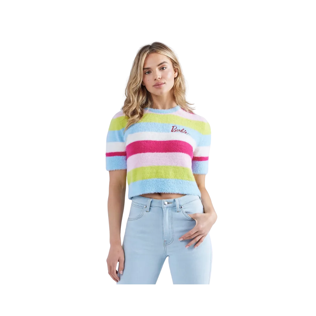 Wrangler x Barbie Ladies  Cropped Fuzzy Rainbow Sweater