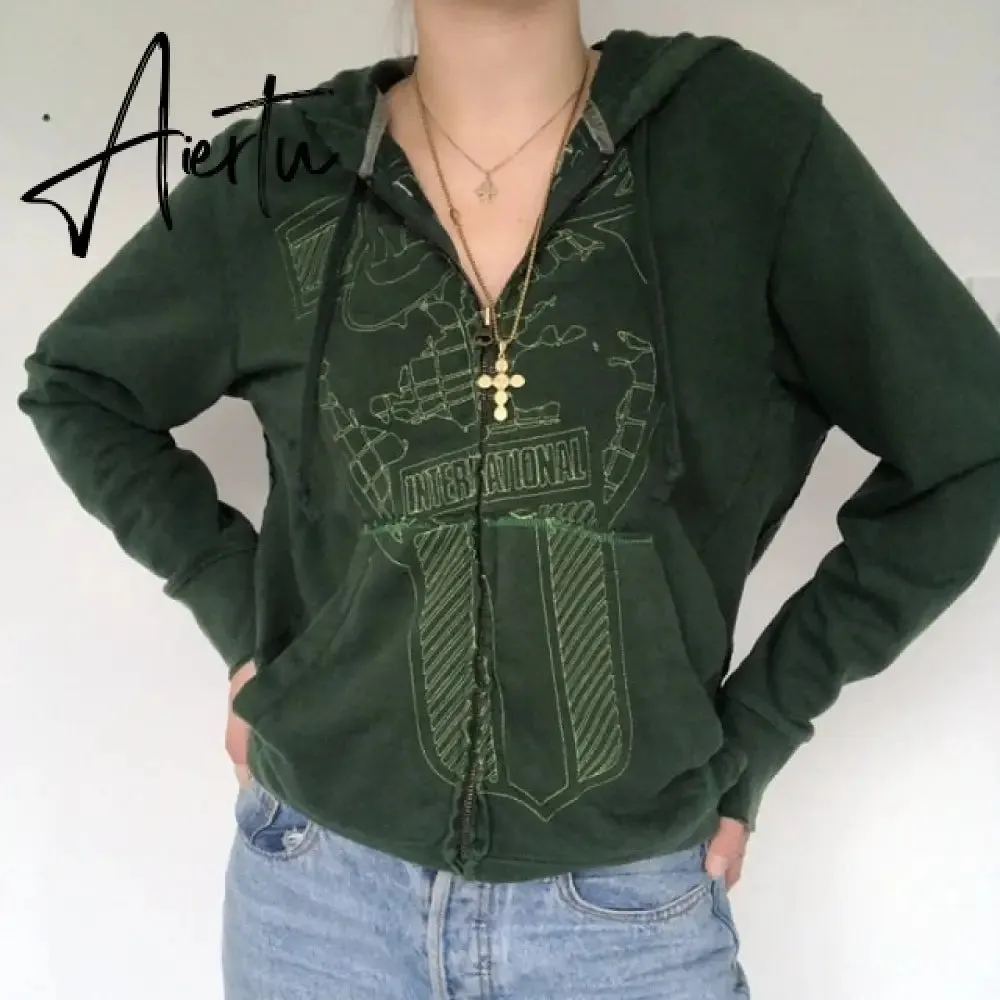 Y2K Aesthetic Women Hoodies with Pockets 90s Vintage Graphic Printed Zipper Coat Top E-girl Sweatshirt Green Autumn fairy grunge