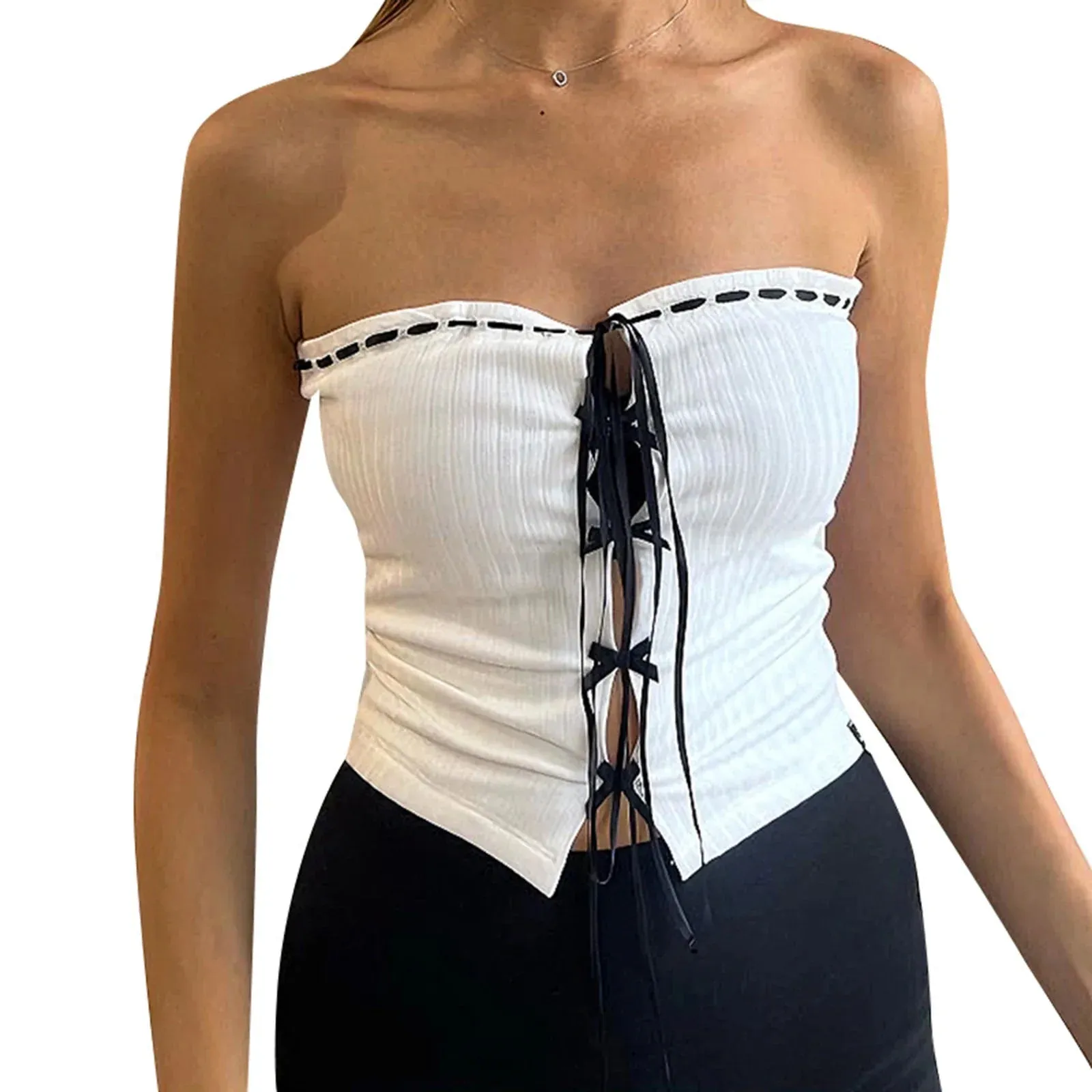 Y2k Tie Up Strapless Tube Tops Sexy Bodycon Off Shoulder Backless Tank Women Top