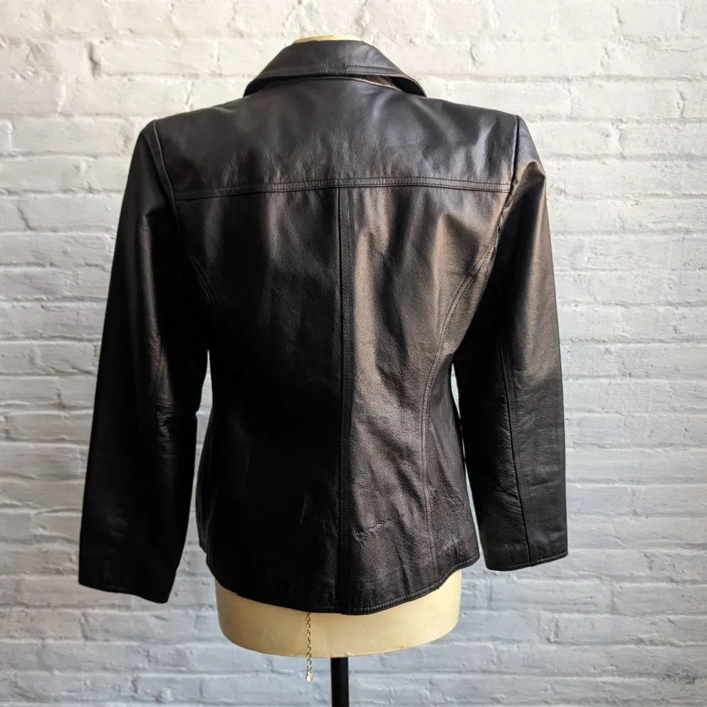 Y2K Vintage Minimalist Black Leather Biker Jacket Chic Baddie Moto Trench Blazer