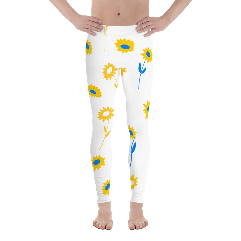 Yellow Blue Floral Men's Leggings, Flower Printed Designer Meggings Compression Tights-Made in USA/EU/MX