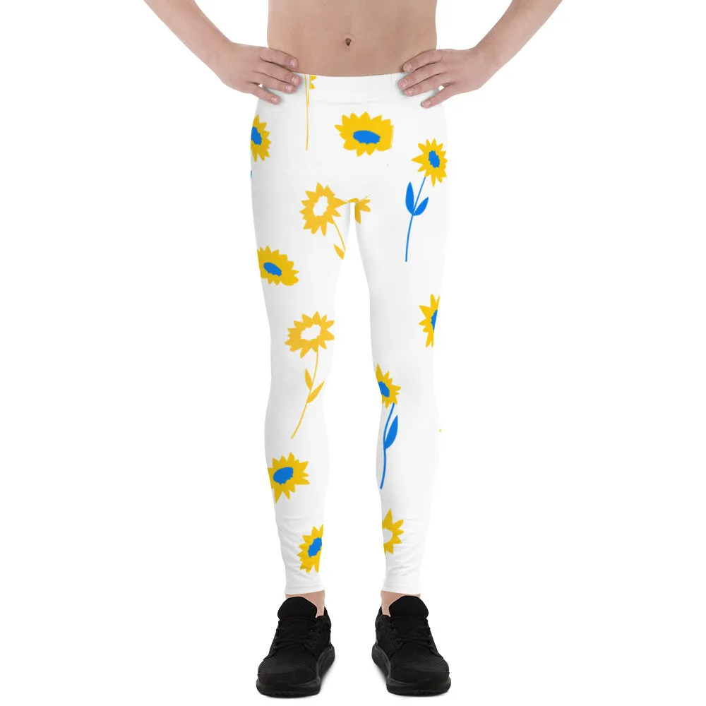 Yellow Blue Floral Men's Leggings, Flower Printed Designer Meggings Compression Tights-Made in USA/EU/MX