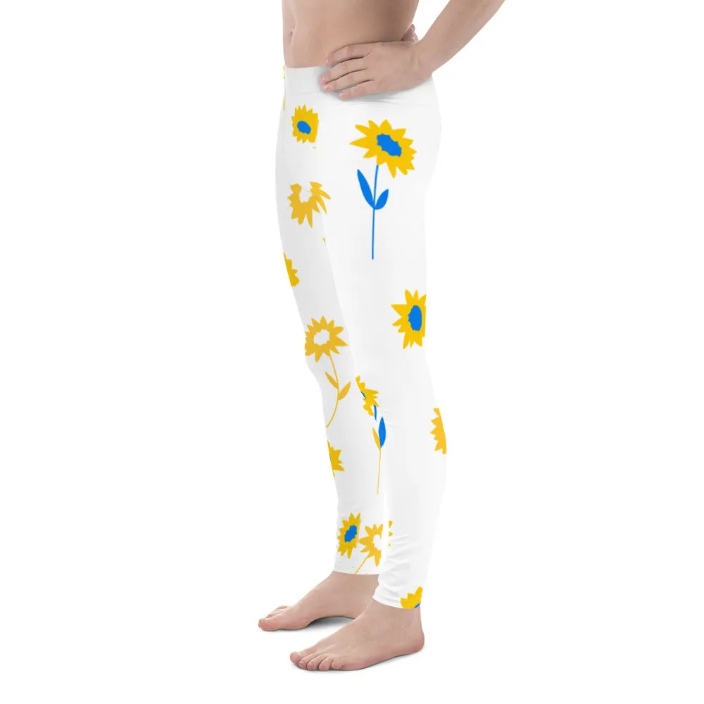 Yellow Blue Floral Men's Leggings, Flower Printed Designer Meggings Compression Tights-Made in USA/EU/MX