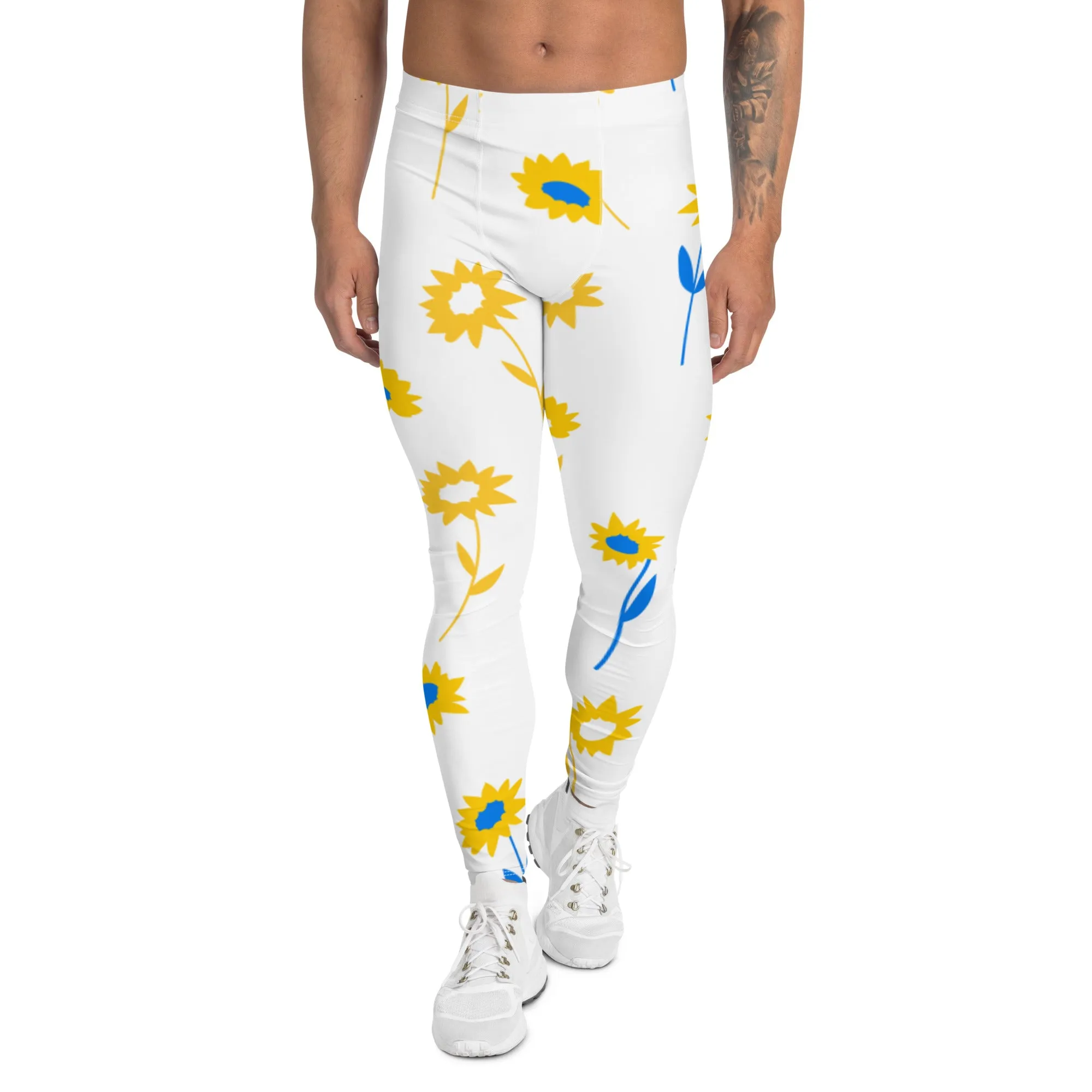 Yellow Blue Floral Men's Leggings, Flower Printed Designer Meggings Compression Tights-Made in USA/EU/MX