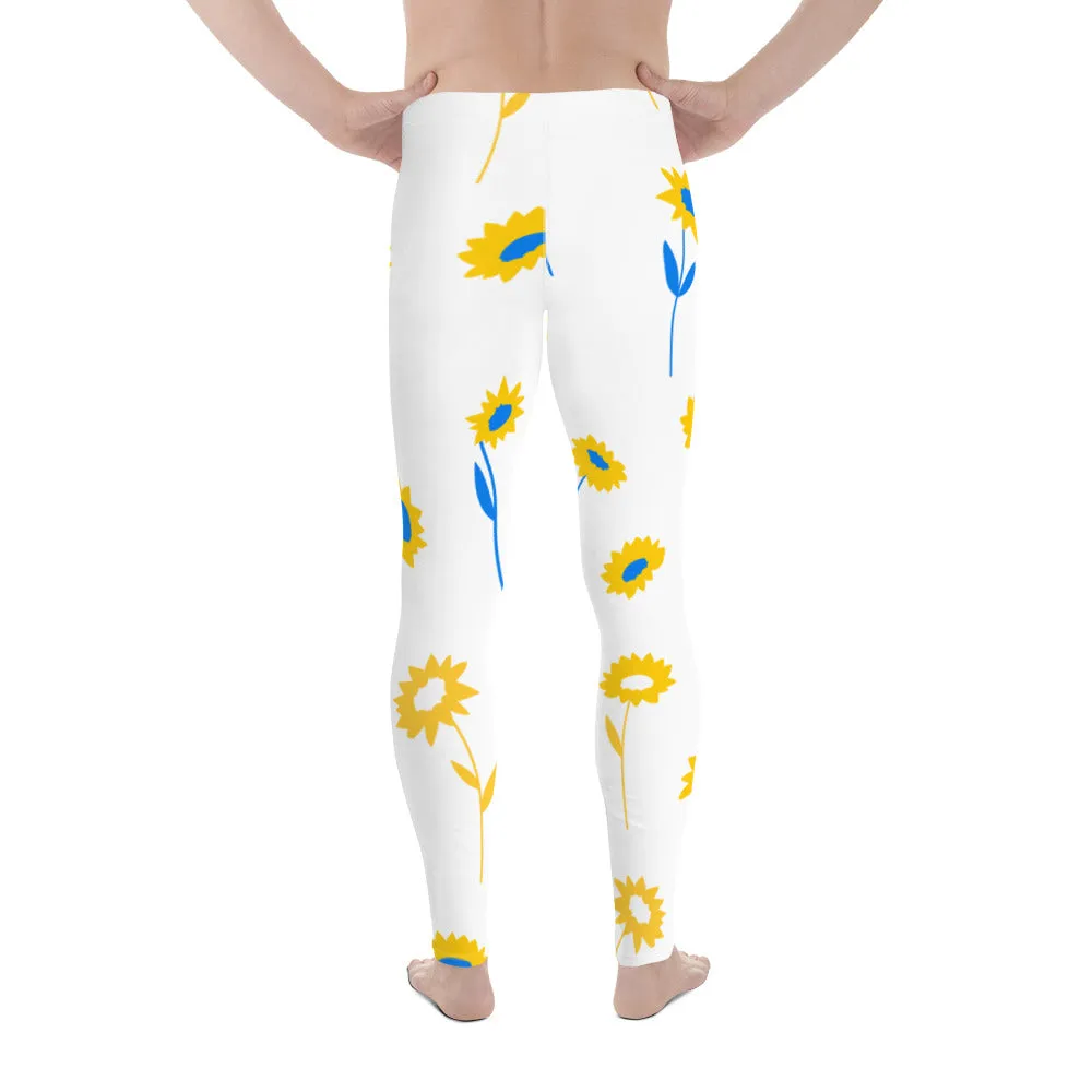 Yellow Blue Floral Men's Leggings, Flower Printed Designer Meggings Compression Tights-Made in USA/EU/MX