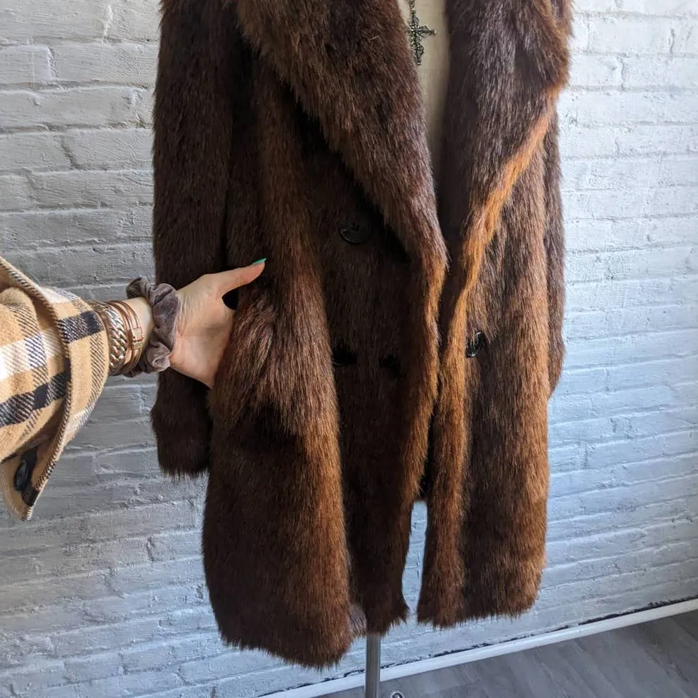 ZARA Rusty Red Brown Shaggy Fur Coat Retro 70s Vegan Furry Penny Lane Jacket