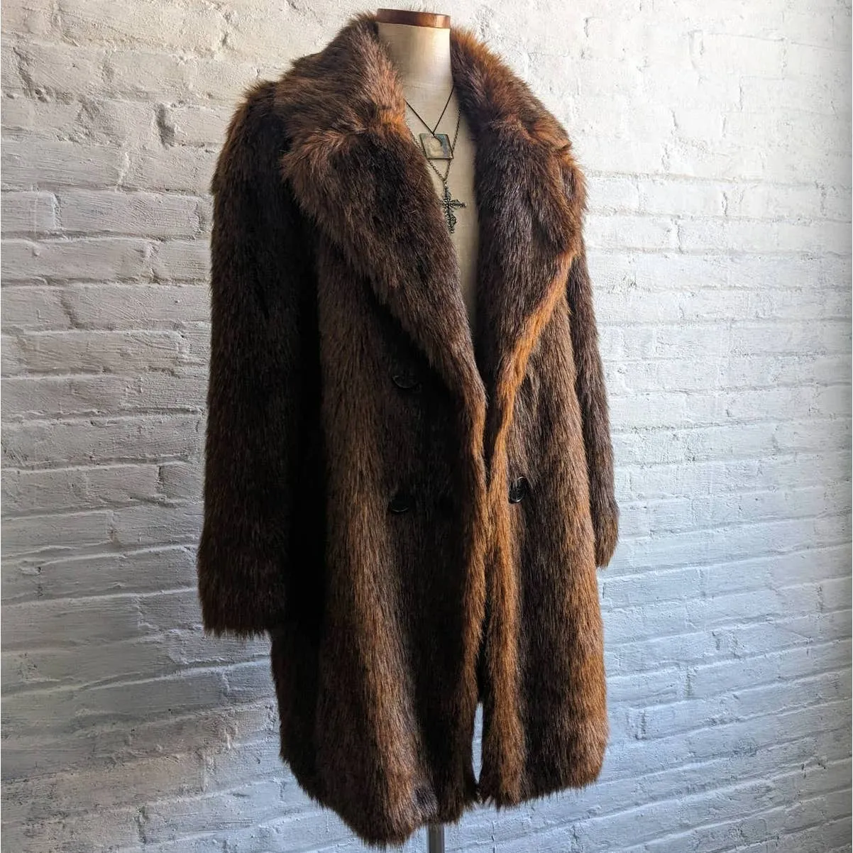 ZARA Rusty Red Brown Shaggy Fur Coat Retro 70s Vegan Furry Penny Lane Jacket