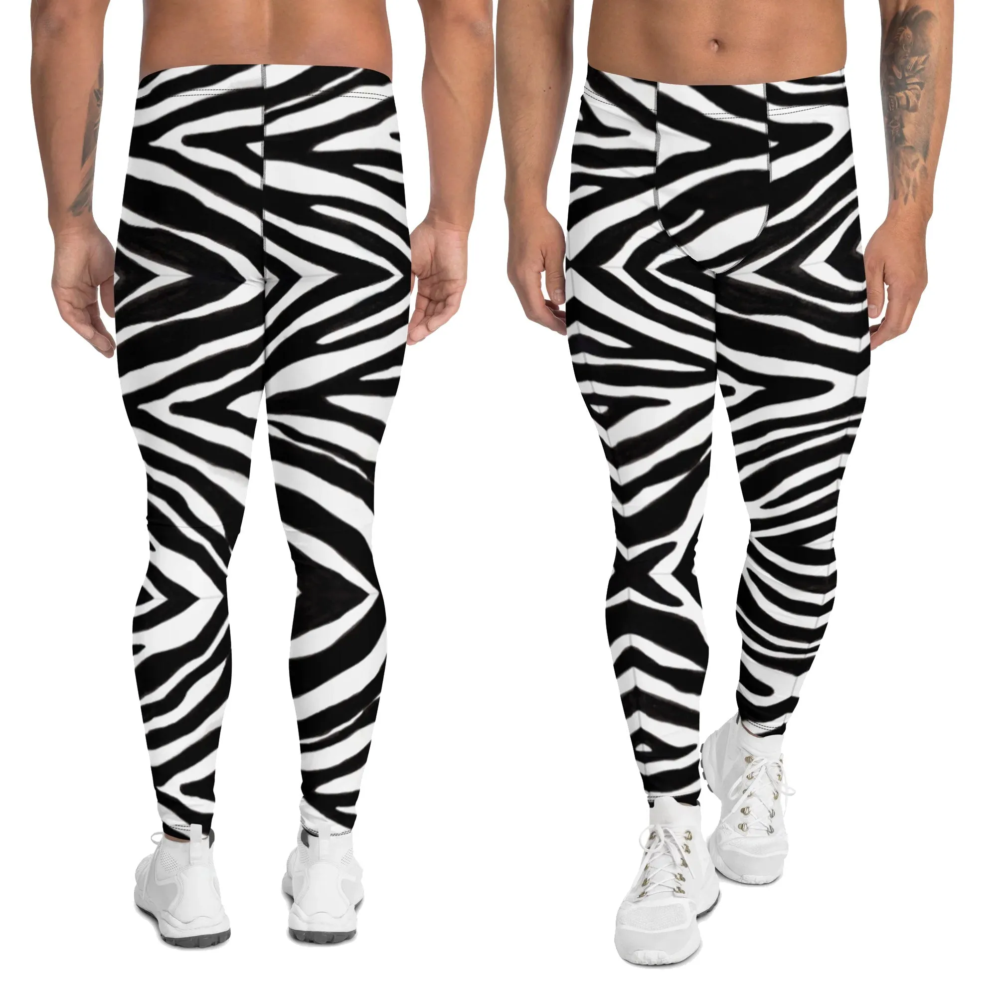 Zebra Print Best Men's Leggings, Zebra Striped Animal Print Designer Meggings Compression Tights For Men- Made in USA/EU