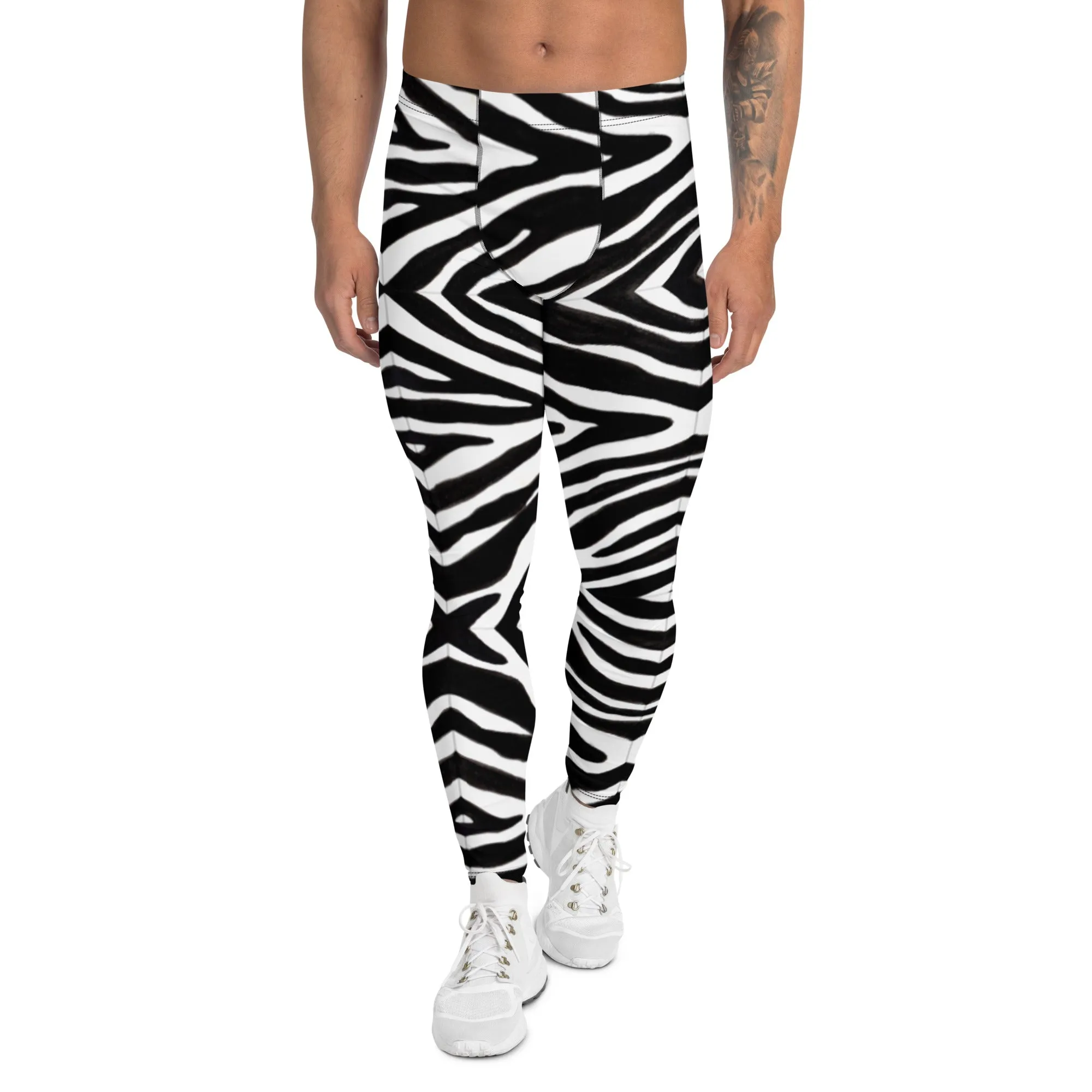 Zebra Print Best Men's Leggings, Zebra Striped Animal Print Designer Meggings Compression Tights For Men- Made in USA/EU