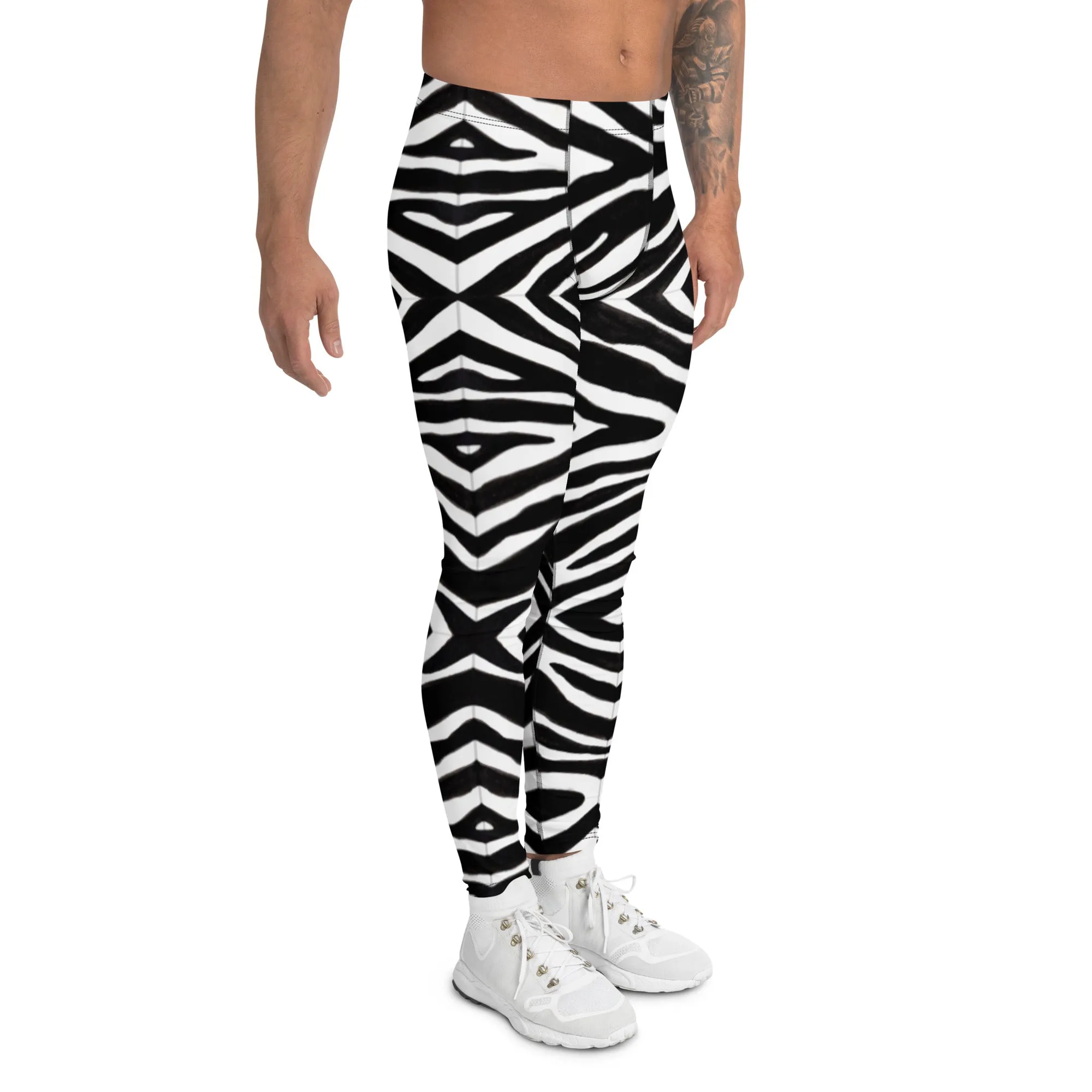 Zebra Print Best Men's Leggings, Zebra Striped Animal Print Designer Meggings Compression Tights For Men- Made in USA/EU